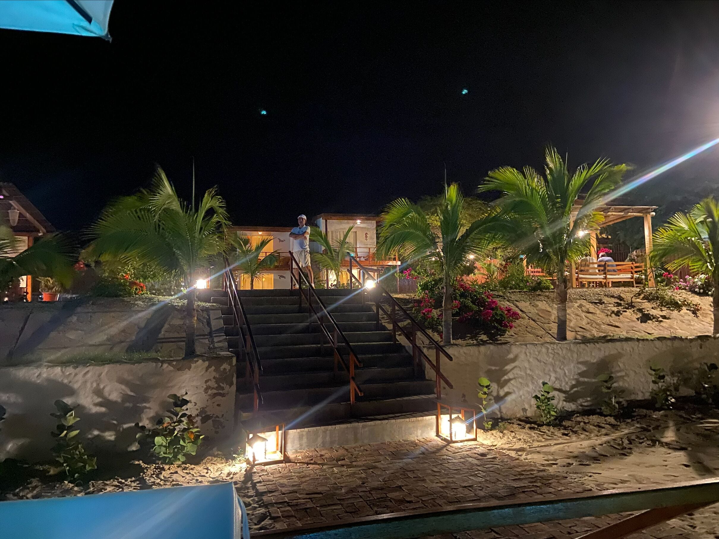 A nighttime view of a resort with a staircase leading to a building, palm trees, and a pool area.