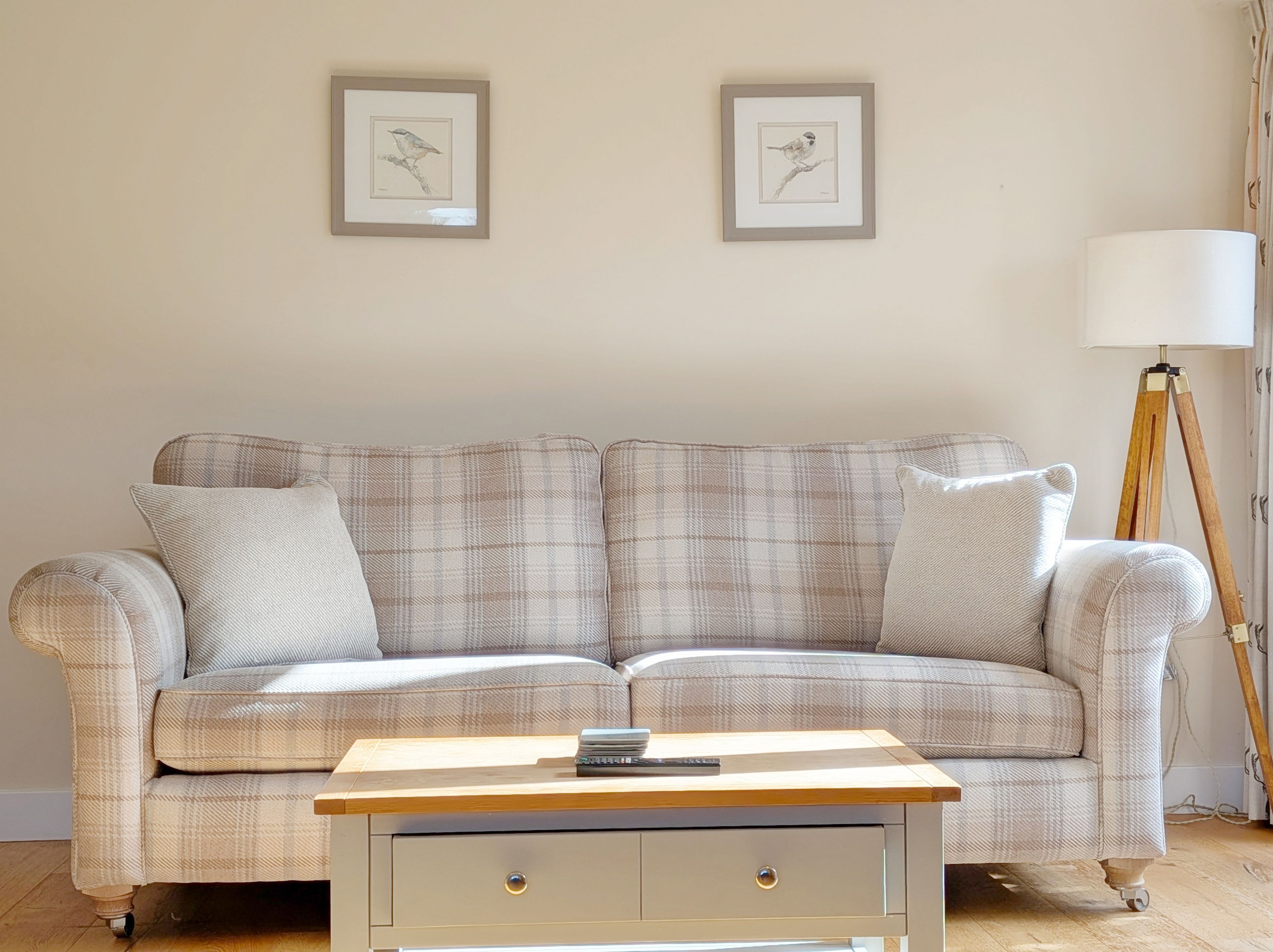 Ein sofa in neutralen Farbtönen mit Karomuster, ein kleiner Holztisch mit Fernbedienung und zwei gerahmte Vogelbilder an der Wand.