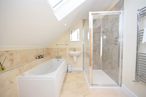 Separate tub and shower, hair dryer