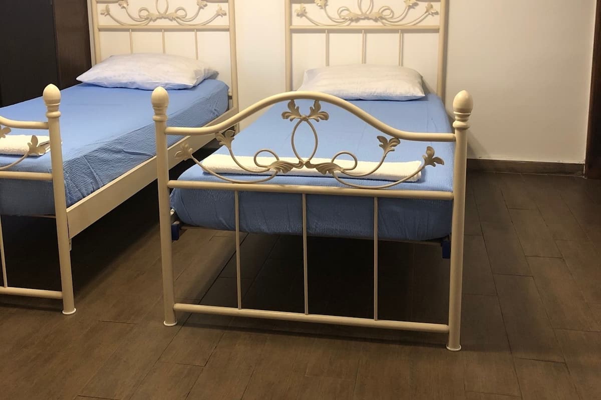Dos camas individuales con estructura metálica y ropa de cama azul, un armario de madera y un cuadro en la pared.