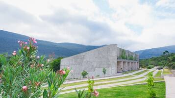 A modern building with a concrete facade, surrounded by a landscaped garden with pathways and flowering plants.