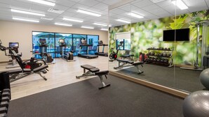 Une salle de sport équipée de machines de cardio, de bancs de musculation et d’un mur recouvert de miroirs.