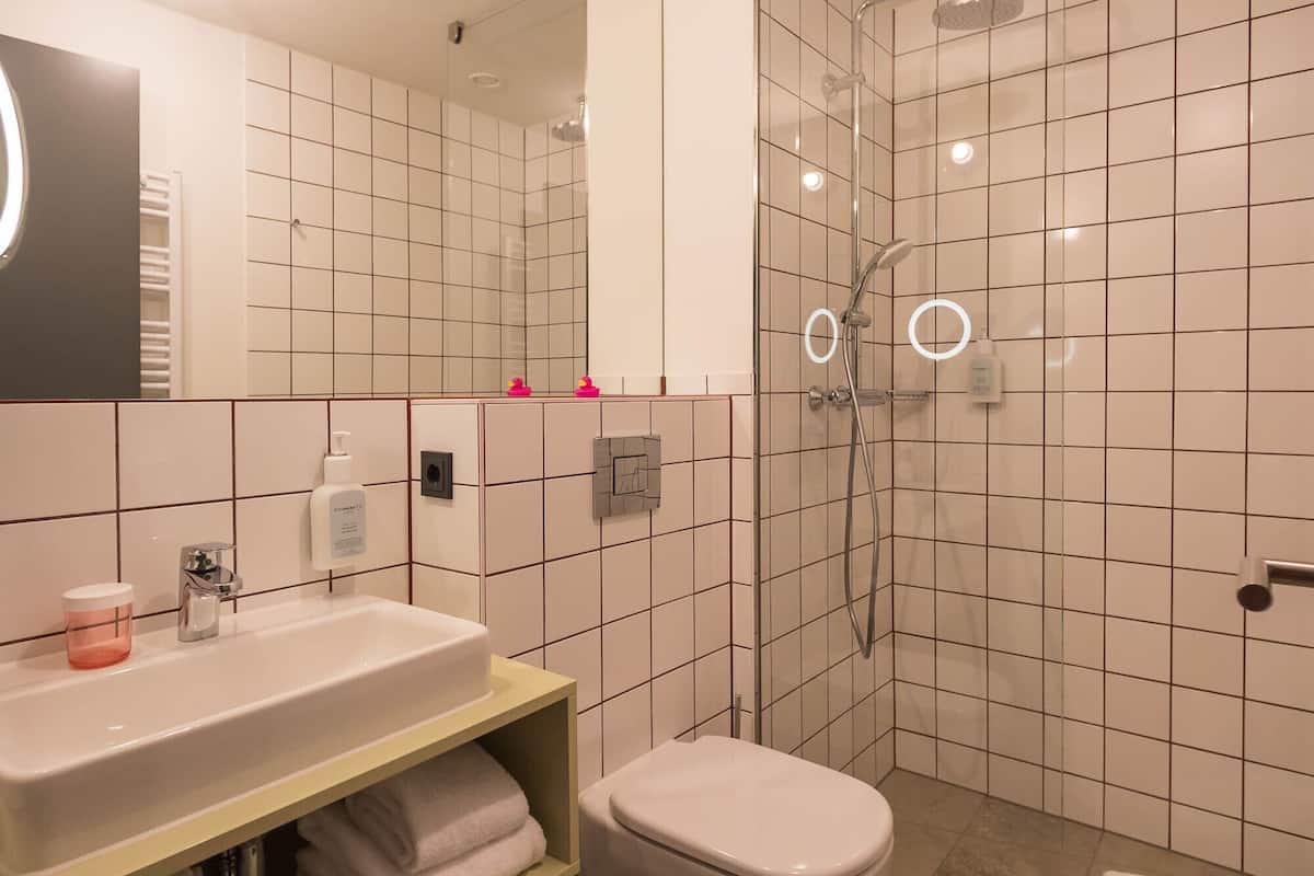 shower, eco-friendly toiletries, hair dryer, towels