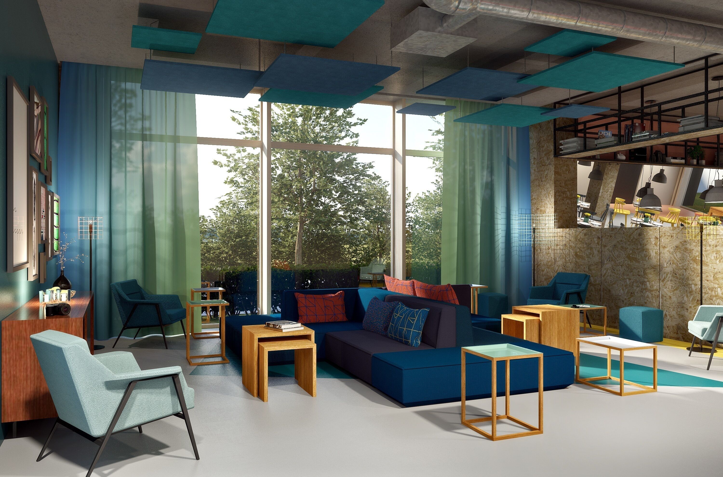 Una sala moderna con un sofá modular, sillones y una mesa de centro.