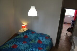 1 chambre, bureau, fer et planche à repasser, lit parapluie