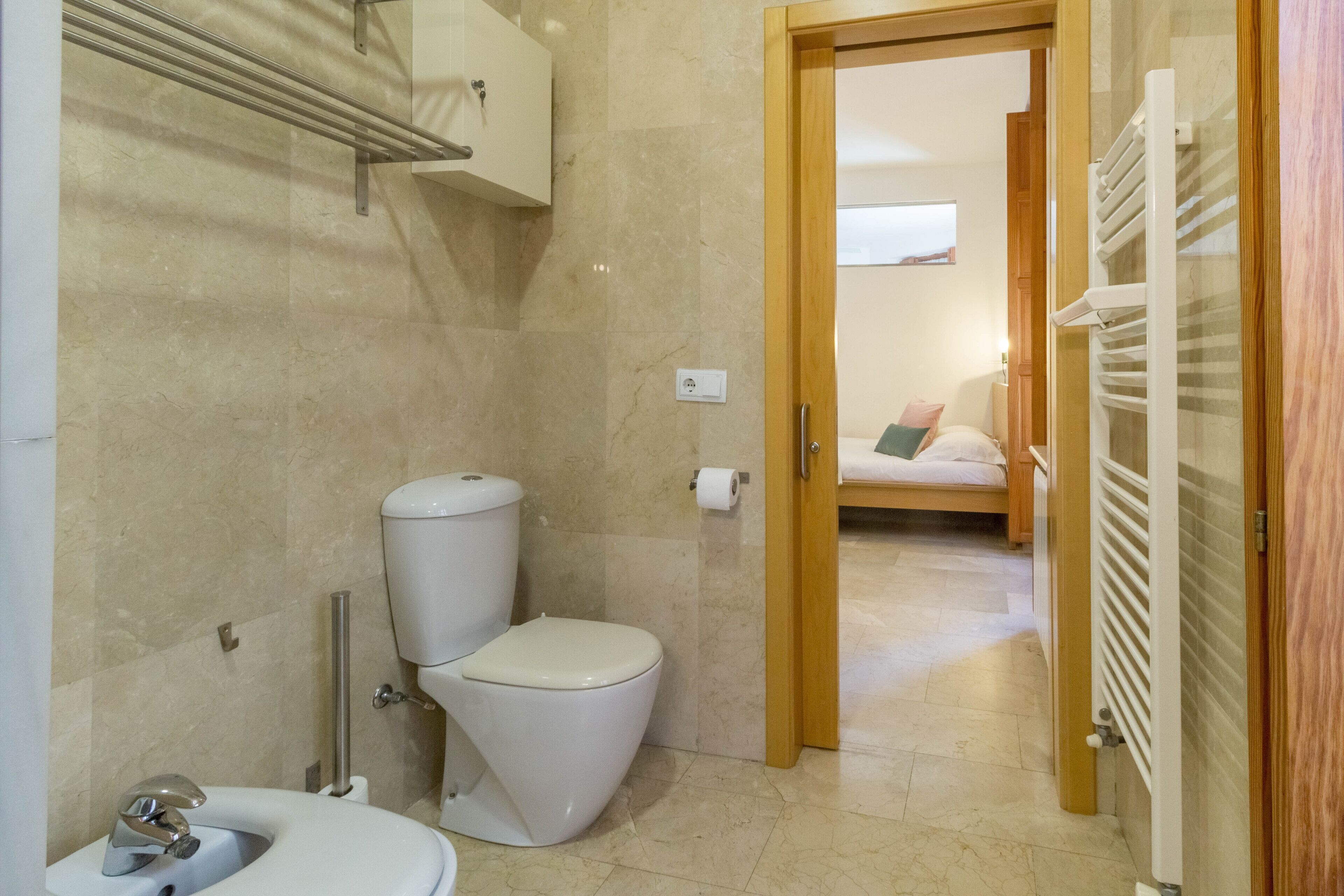 Shower, hair dryer, bidet, towels