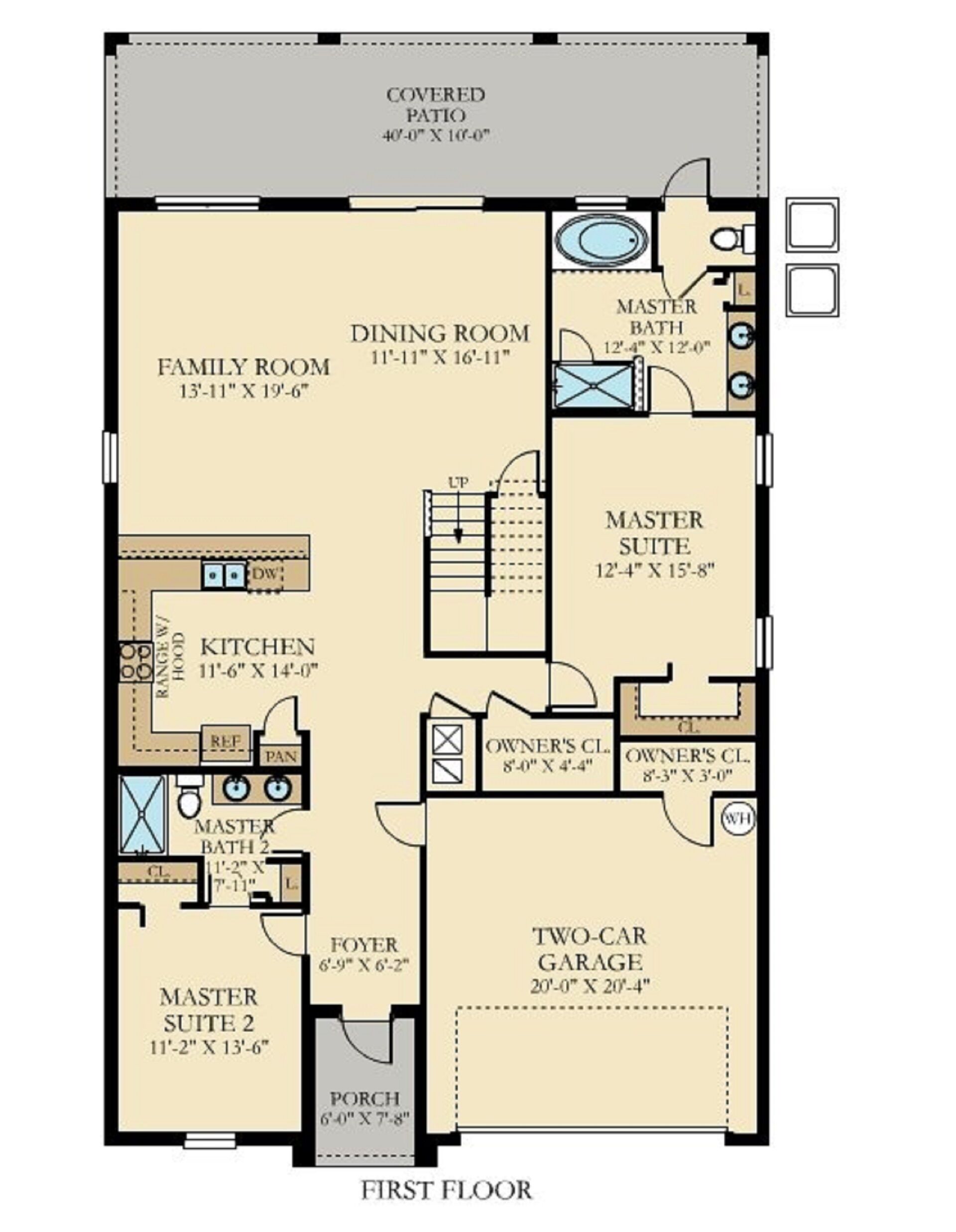 Un plan d’étage du premier étage comprenant un patio couvert, une salle familiale, une salle à manger, une cuisine, une suite parentale, un garage pour deux voitures et un hall d’entrée.