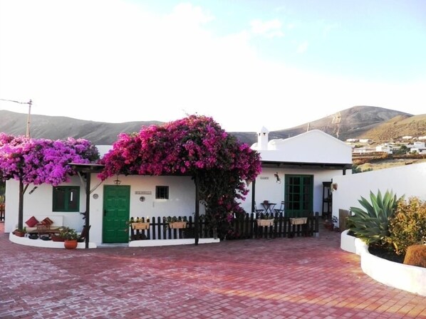 A white building with a green door, surrounded by a paved area and flowering plants.