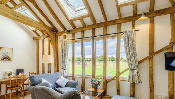 A room with a high ceiling, wooden beams, a sofa, a coffee table, and a TV. - 1 bedroom accommodation in Raydon near Ipswich (Raydon near Ipswich)