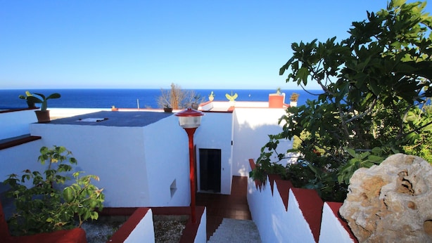 Une terrasse sur le toit offrant une vue sur la mer, agrémentée de plantes en pot et ornée d’un motif mural rouge et blanc.