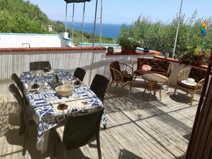 Eine Terrassengruppe mit Tisch, Stühlen und einer gepolsterten Couch, außerdem Kübelpflanzen.