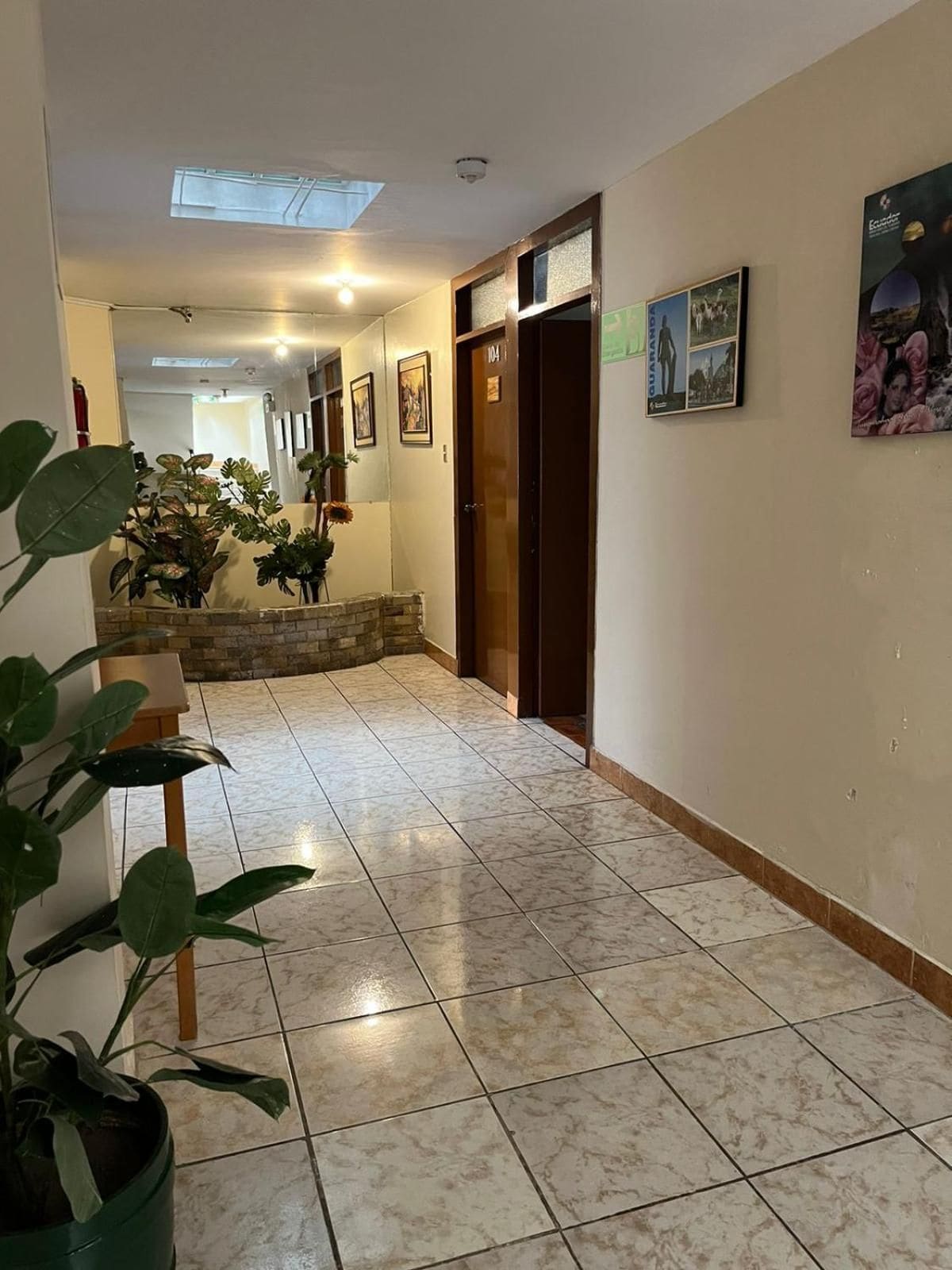 Un pasillo con suelo de baldosas, un extintor, una planta en maceta y una puerta con un número.