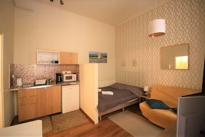 A compact room with a kitchenette, a bed, a sofa, and a television.