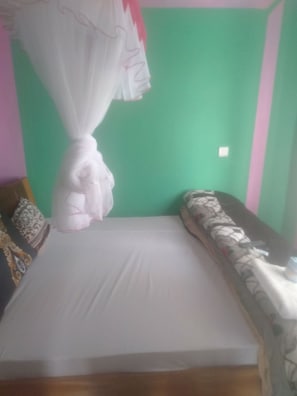 A room with a bed, a green wall, and a white curtain. - Holy Guest House (Embu)