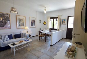 Flat-screen TV, DVD player, books, video library