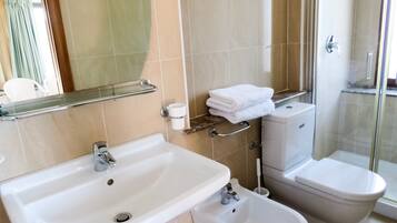 Shower, hair dryer, bidet, towels