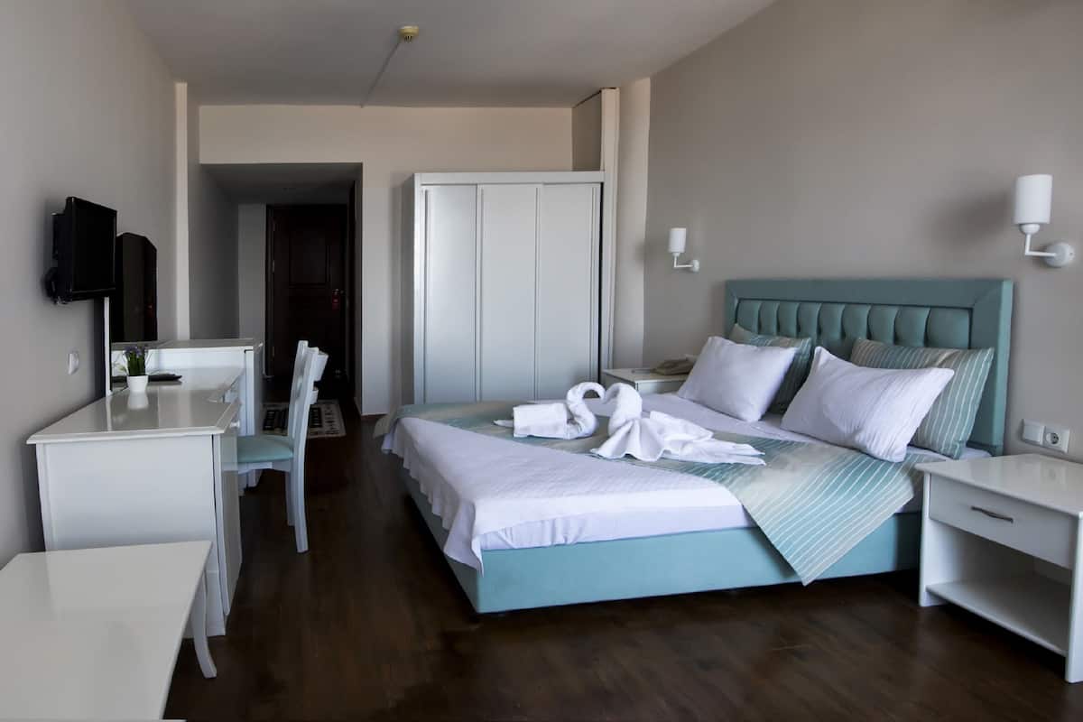 Habitación de hotel con cama, escritorio, silla, armario y televisor.