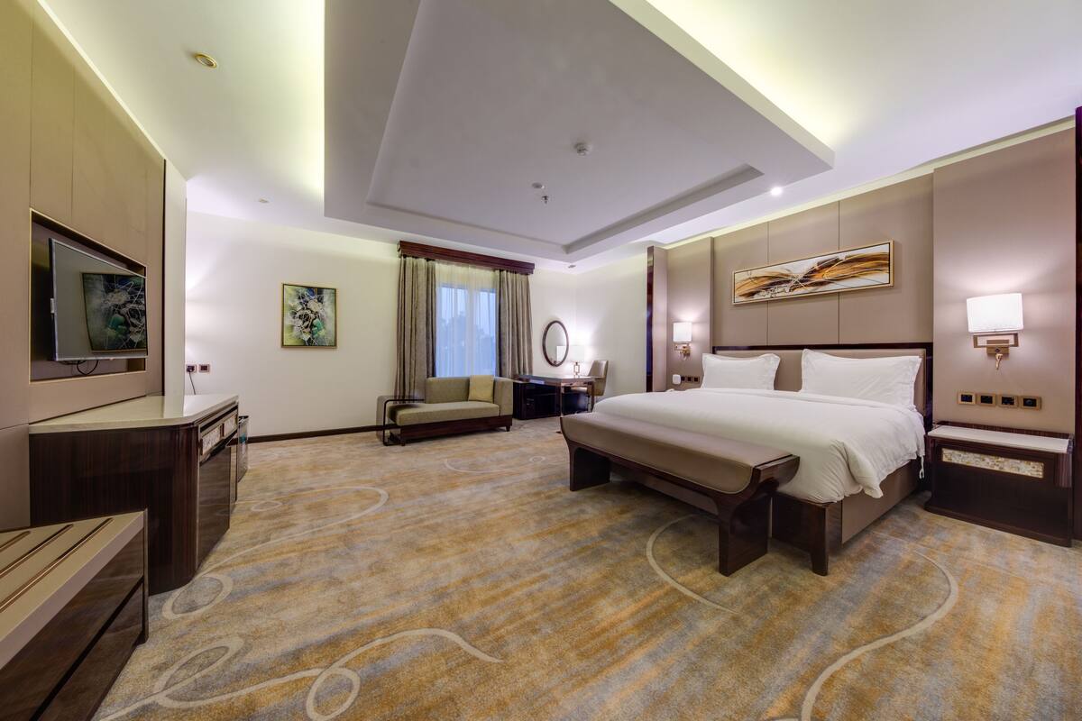 Habitación de hotel con una cama grande, un escritorio, una silla, un televisor y un cuadro en la pared.