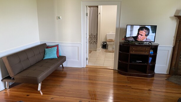 Una sala de estar con un sofá marrón, un televisor sobre un mueble de madera y piso de madera.