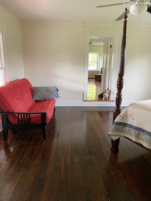 Smart TV, fireplace, books, stereo