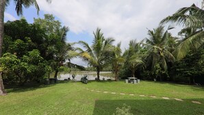 A well-maintained garden with palm trees, a pond, and stepping stones. - Villacork (Galle)