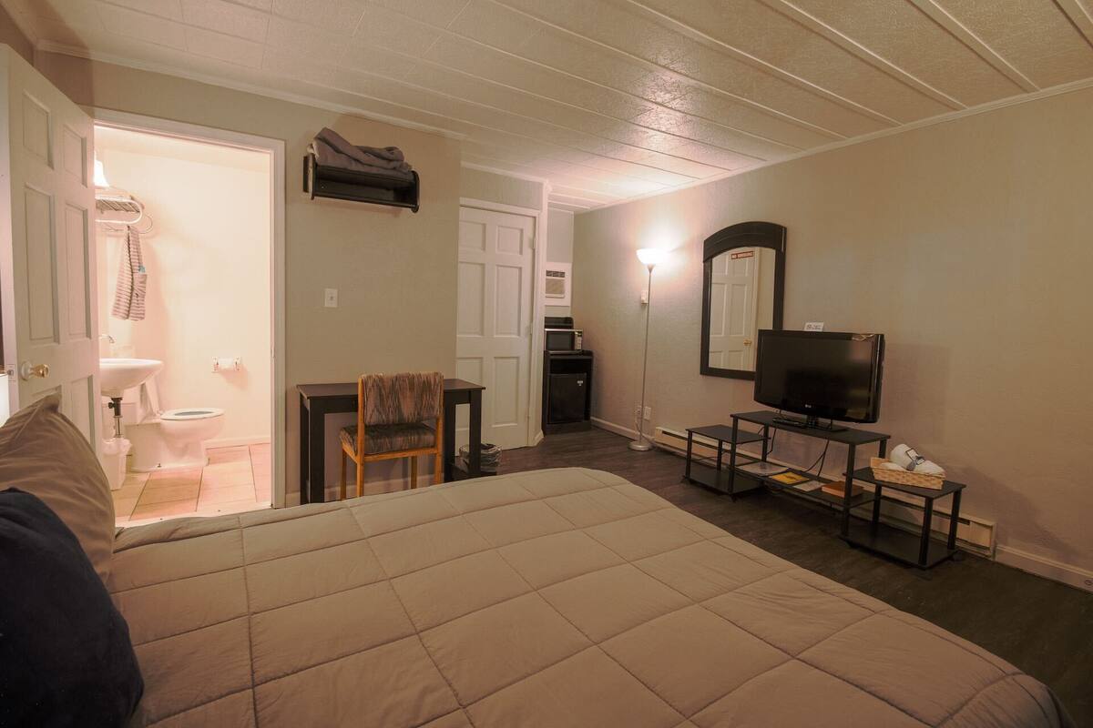 A hotel room with a bed, a desk, a chair, a television, and a microwave.