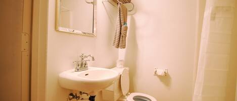A bathroom with a sink, mirror, towel rack, toilet, and shower curtain.