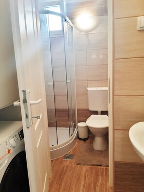 A bathroom with a glass-enclosed shower, a toilet, and a sink. - Folk Art Apartment (Budapest)