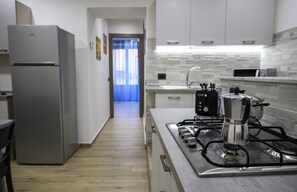 Fridge, microwave, stovetop, coffee/tea maker