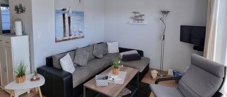 Smart TV, DVD player, livros, biblioteca musical