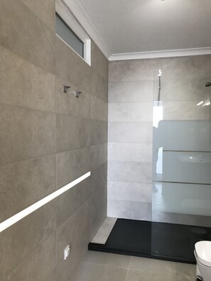 Combined shower/tub, hair dryer, towels, toilet paper