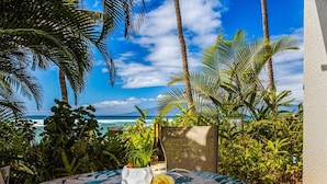 Un área de estar al aire libre con ambiente tropical y vistas al océano, una botella de vino y una planta en maceta.