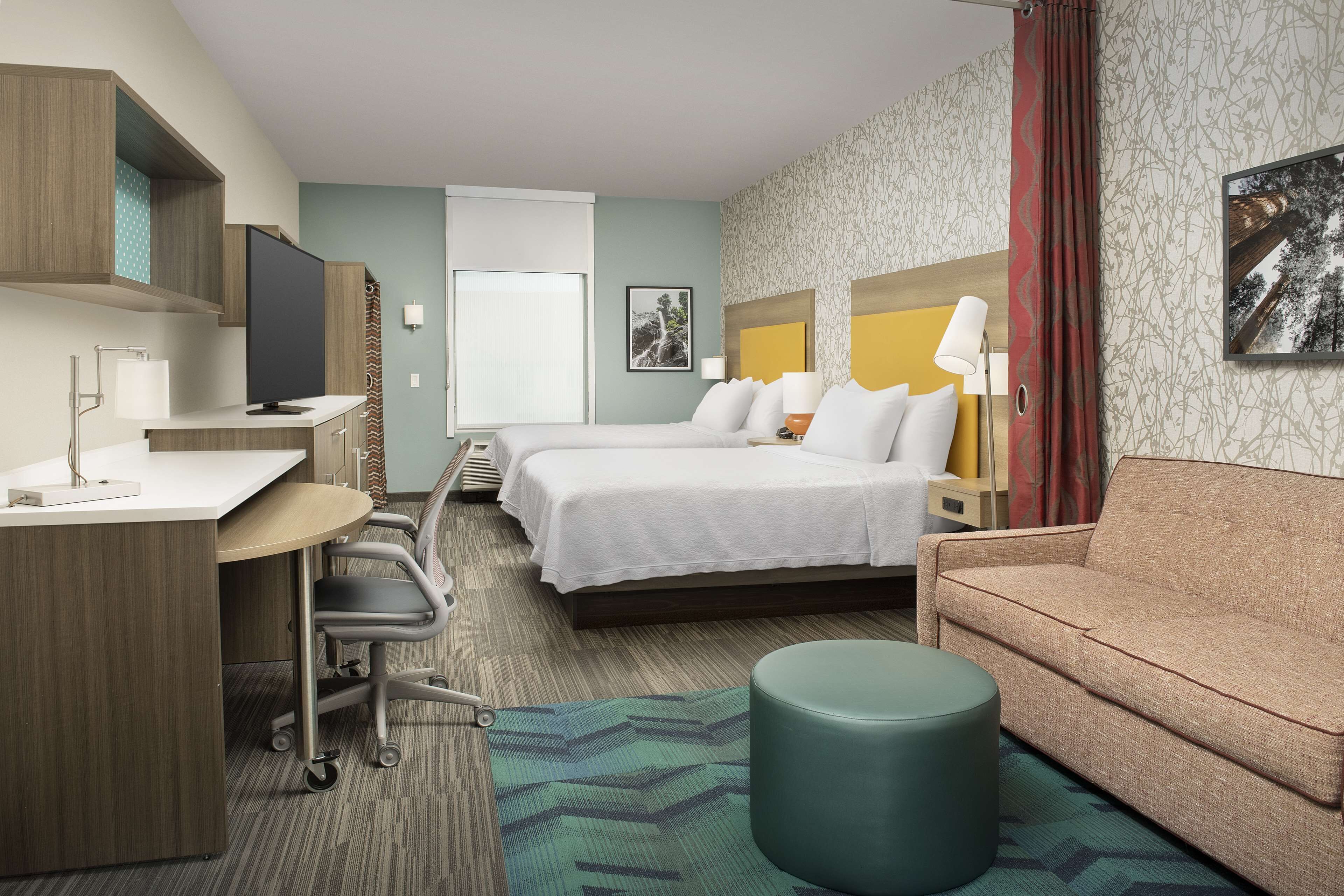 desk, laptop workspace, blackout curtains, iron/ironing board