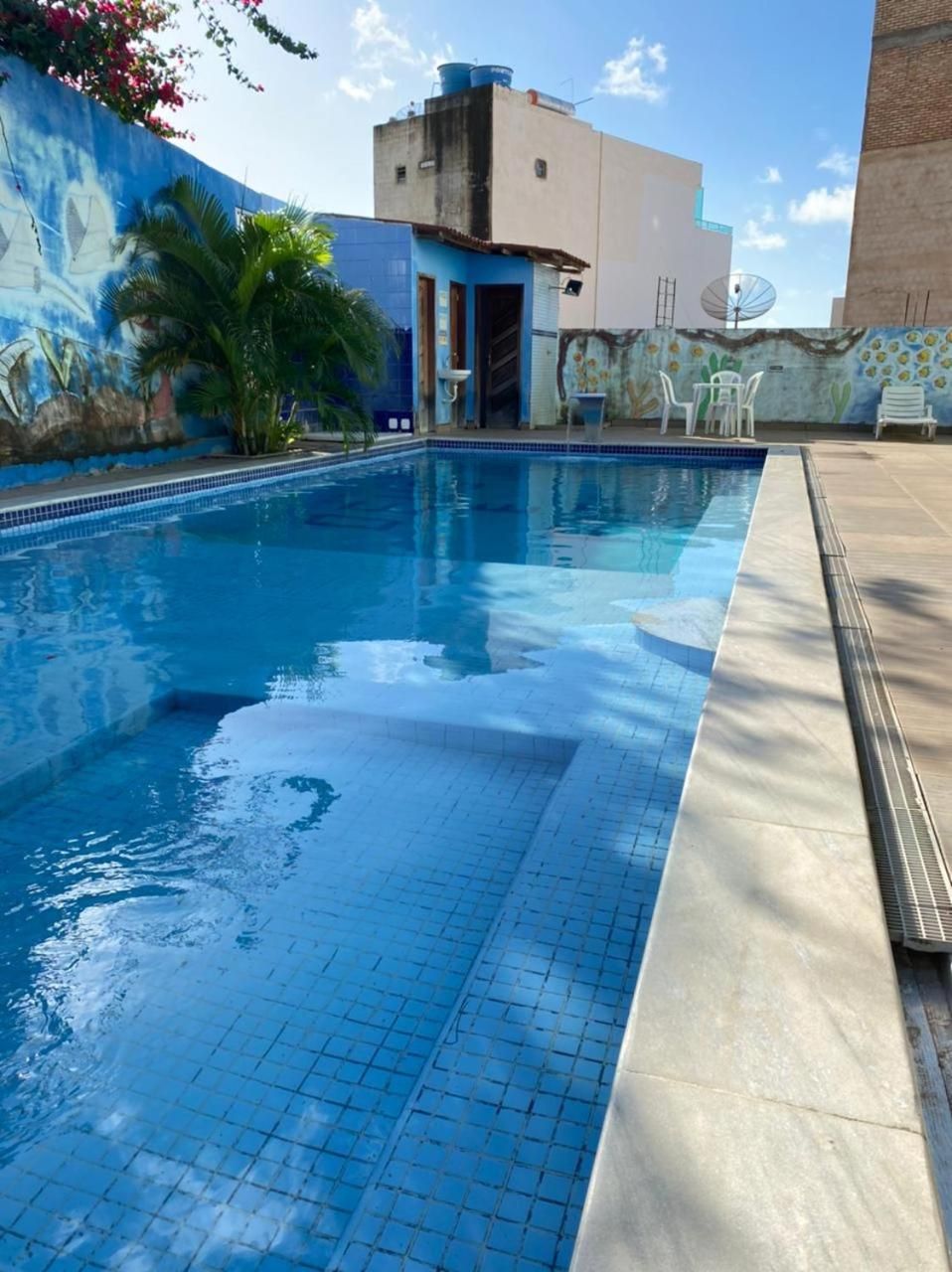 Una piscina con bordes de azulejos, una palmera y un edificio con antena parabólica al fondo.
