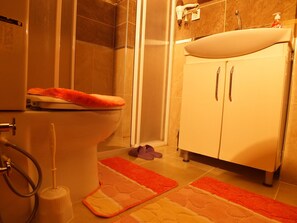 Shower, free toiletries, hair dryer, slippers