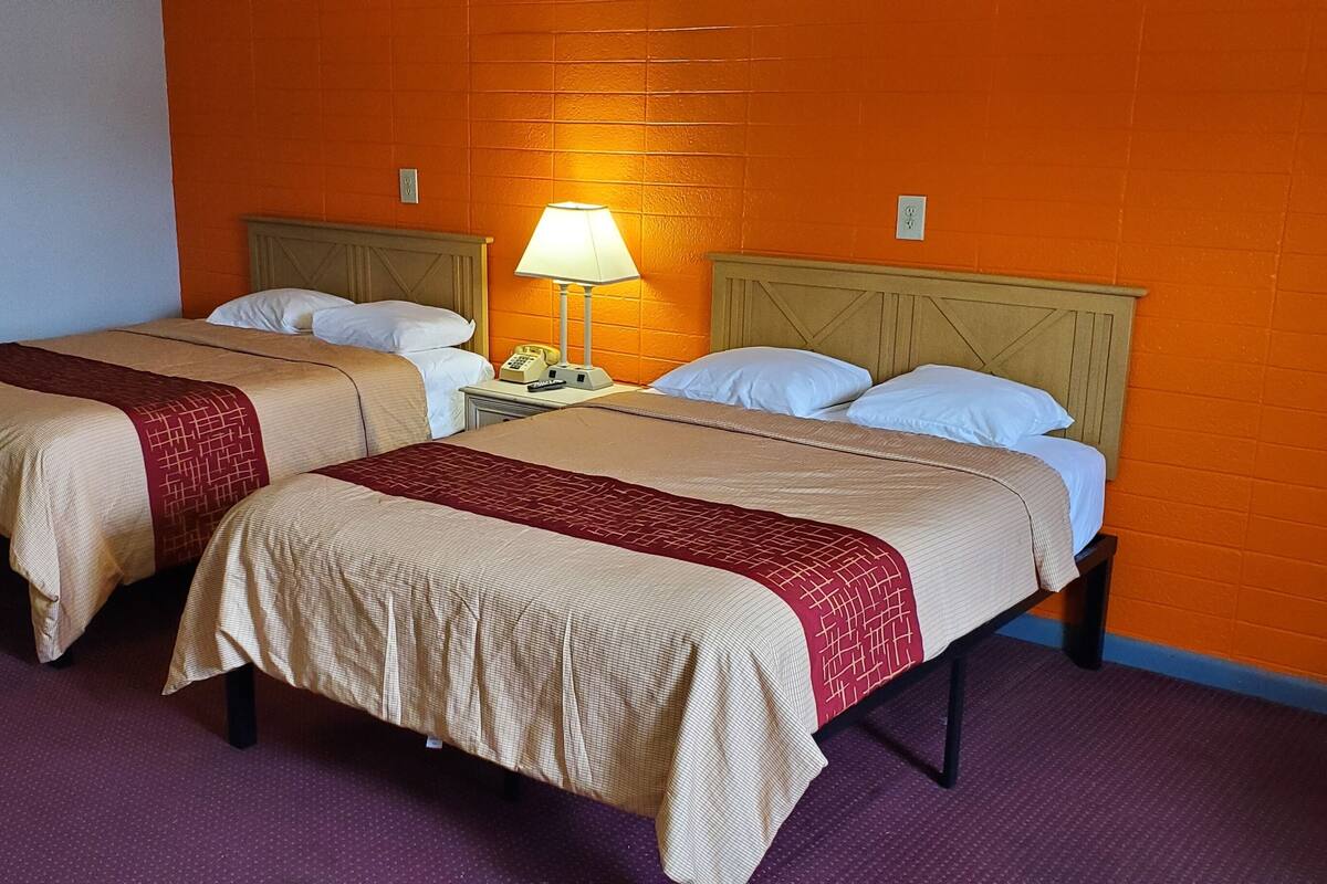 Two single beds with wooden headboards, a nightstand with a lamp, and a red carpeted floor.