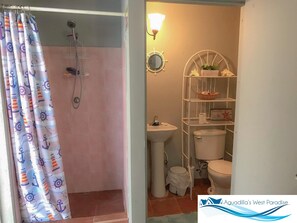 Regadera, toallas, jabón, shampoo 