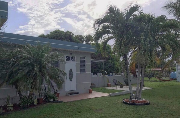 A residential property with a small house, palm trees, and a well-maintained lawn.
