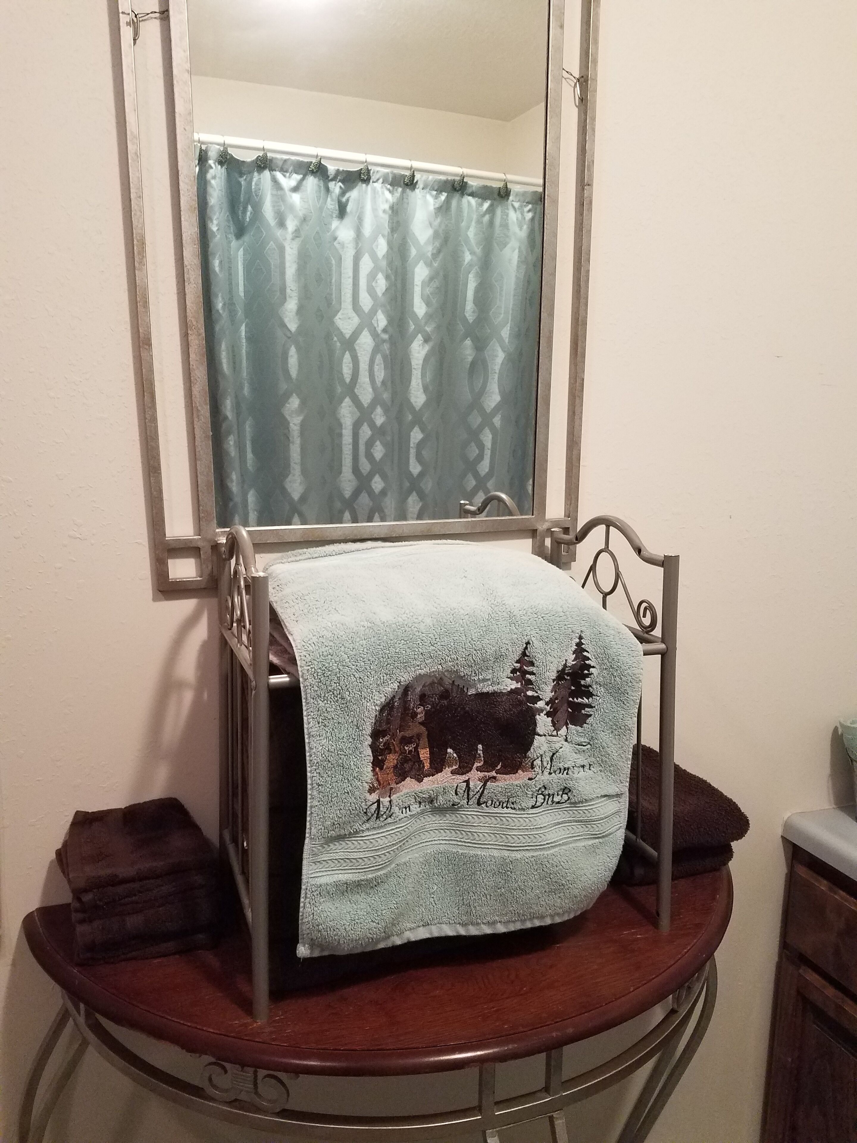 Une salle de bain avec un miroir, une serviette ornée d’un motif représentant un ours et des arbres, et un rideau de douche.