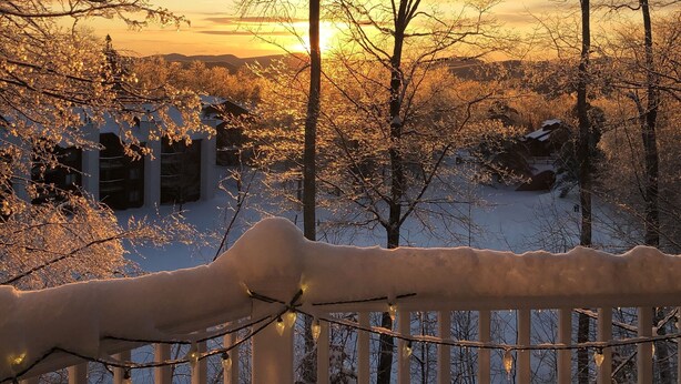 Un paysage enneigé, avec des arbres sans feuilles et un coucher de soleil.