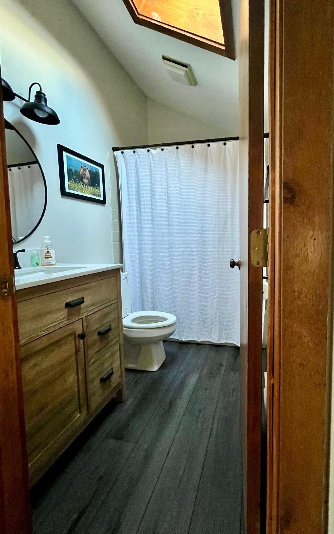 A bathroom with a wooden vanity, a toilet, a shower curtain, and a framed picture on the wall.