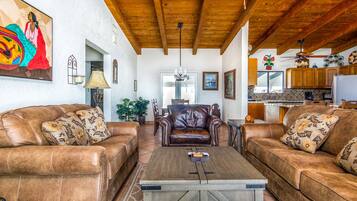 TV, fireplace, books