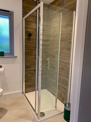 Chuveiro, secador de cabelo, toalhas de banho, papel higiênico