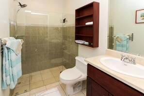 A bathroom with a glass-enclosed shower, a white toilet, a sink with a mirror, and a wooden cabinet.