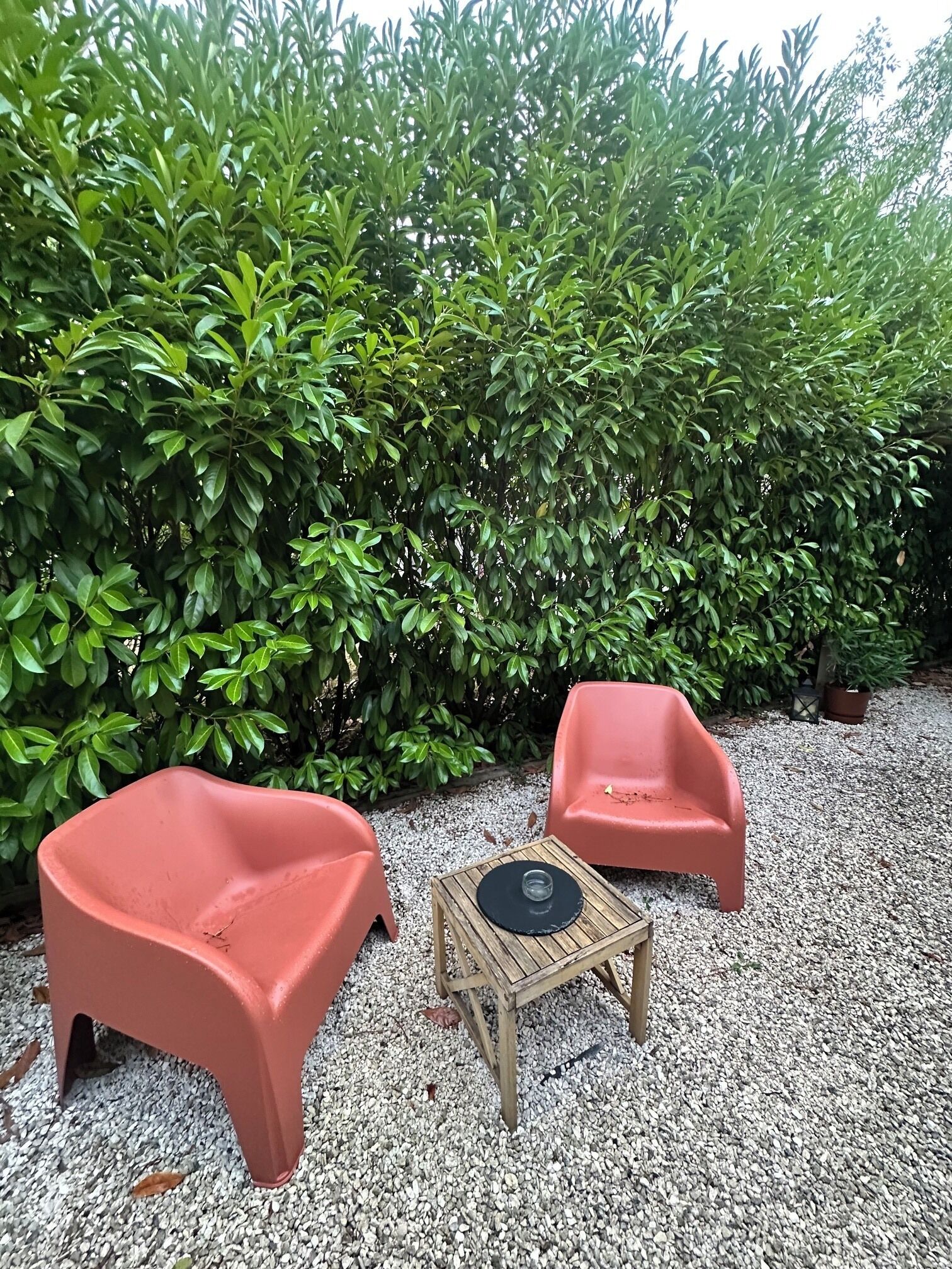 A seating area with two chairs and a small table, surrounded by gravel and a dense hedge.