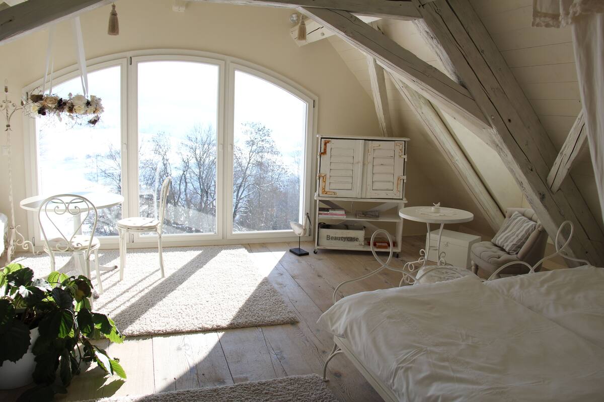 Ein Schlafzimmer mit großem Fenster, einem Bett, einem kleinen Tisch, einem Sessel und einem Bücherregal.