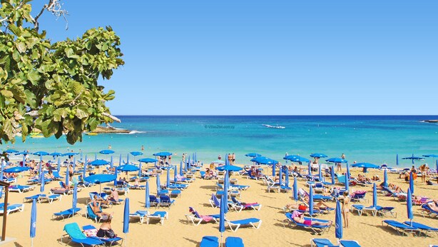 A beach with numerous sun loungers and umbrellas, a clear blue sky, and the ocean in the background.