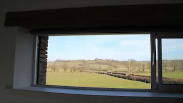 Een uitzicht op een groen veld en heuvels in de verte.