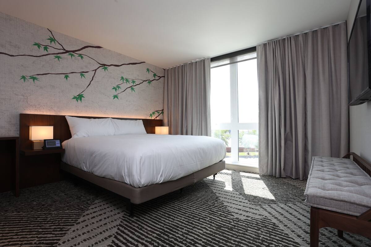 A modern hotel room with a large bed, a nightstand with a lamp, a view of the outdoors through a large window, and a wall-mounted TV.