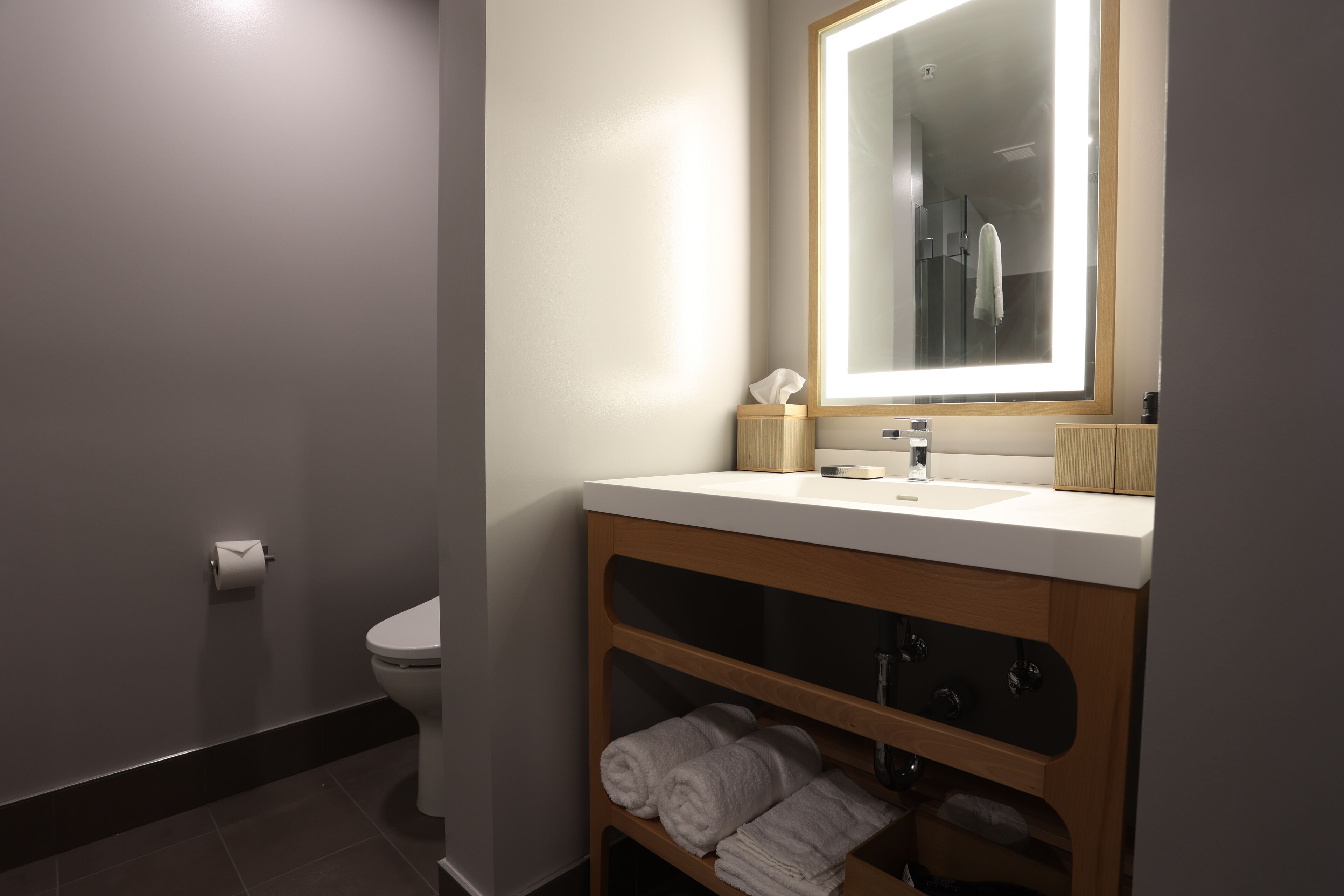 A modern bathroom with a toilet, a sink with a mirror, and a towel rack.